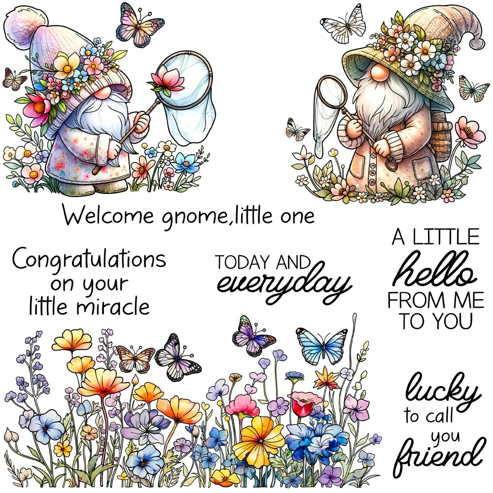 Gorgeous Gnomes with Beautiful Flowers and Butterflies Transparent Stamps, Stamp and Die Set (please order items separately)