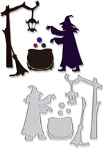 Spooky Halloween Witch Casting a Spell Metal Cutting Die, Size on Photo