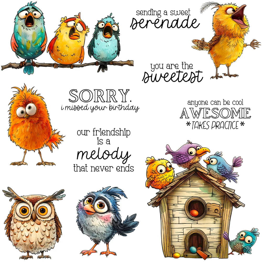 Funny Birds and Owls Sending a Sweet Serenade Transparent Stamps, Dies, Stamp and Die Set (please order items separately)