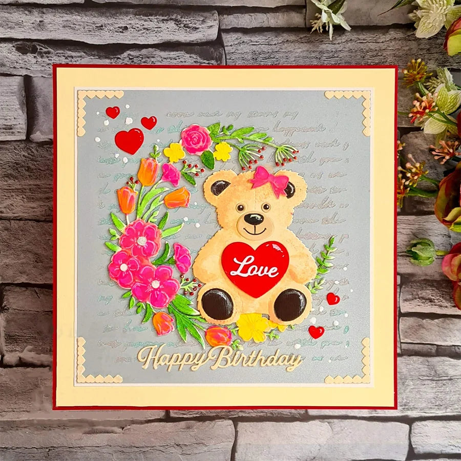 Adorable Teddy with Hearts Metal Cutting Die, Size on Photo