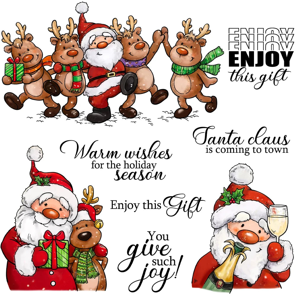 Comical Santa and Reindeer Having a Christmas Party Transparent Stamps, Dies, Stamp and Die Set (please order items separately)