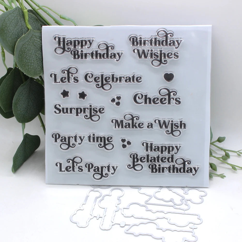 Beautiful Birthday/Celebration Sentiments Stamp and Metal Cutting Dies