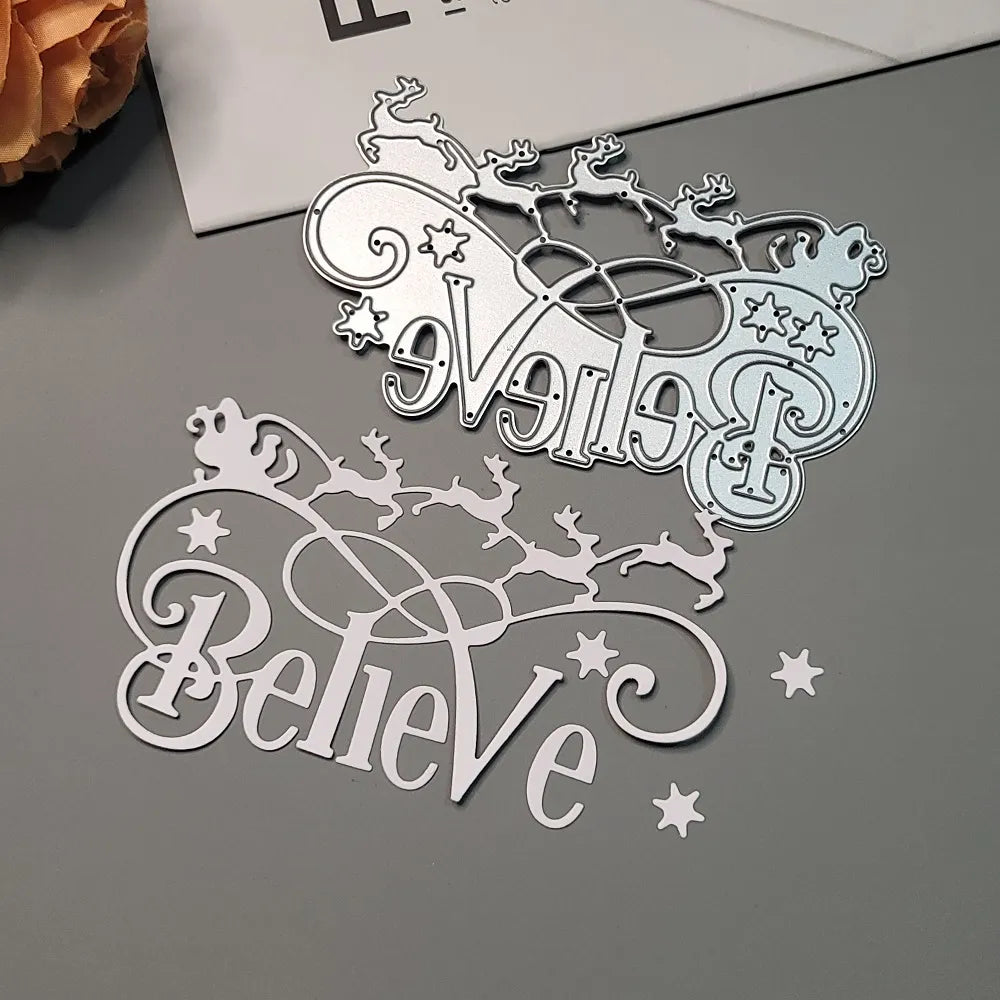 Gorgeous Believe Word and Christmas Scene Metal Cutting Die, 11 cm x 7 cm/ 4.3 in x 2.8 in