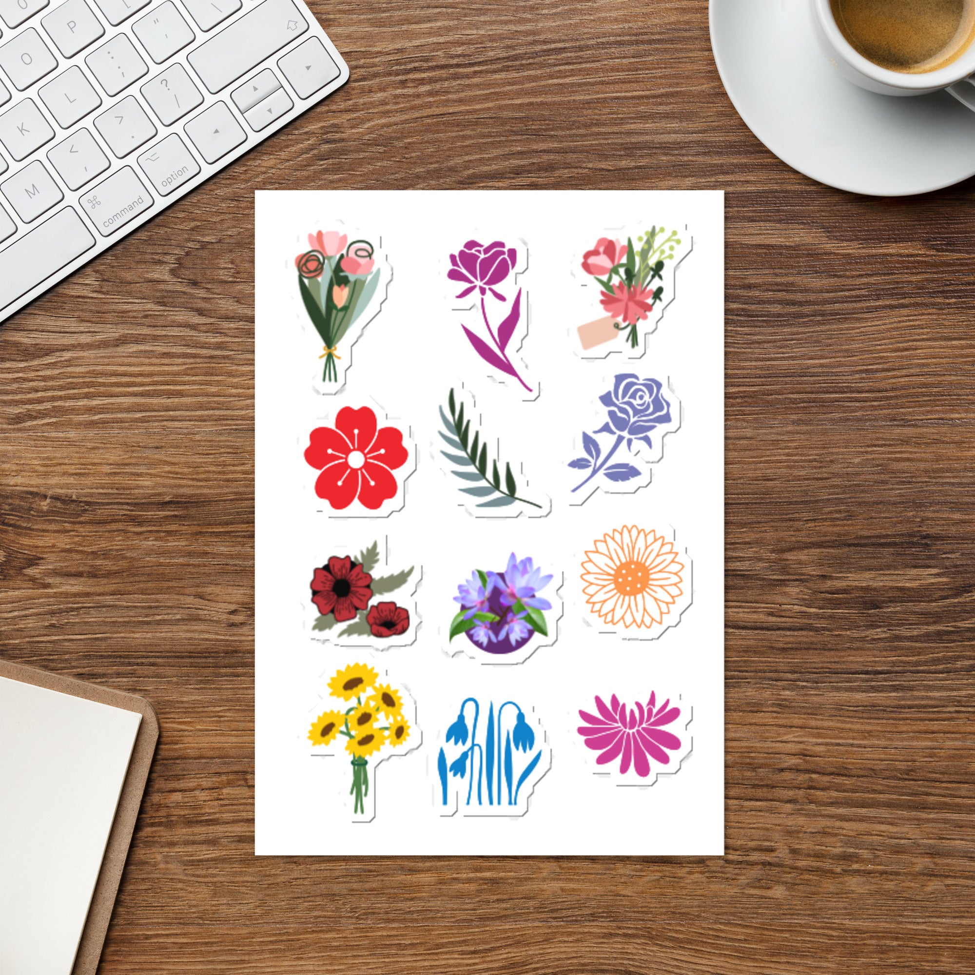 Gorgeous Designer Floral Style Sticker Sheet, 12 Stickers, 5.83 in × 8.27 in