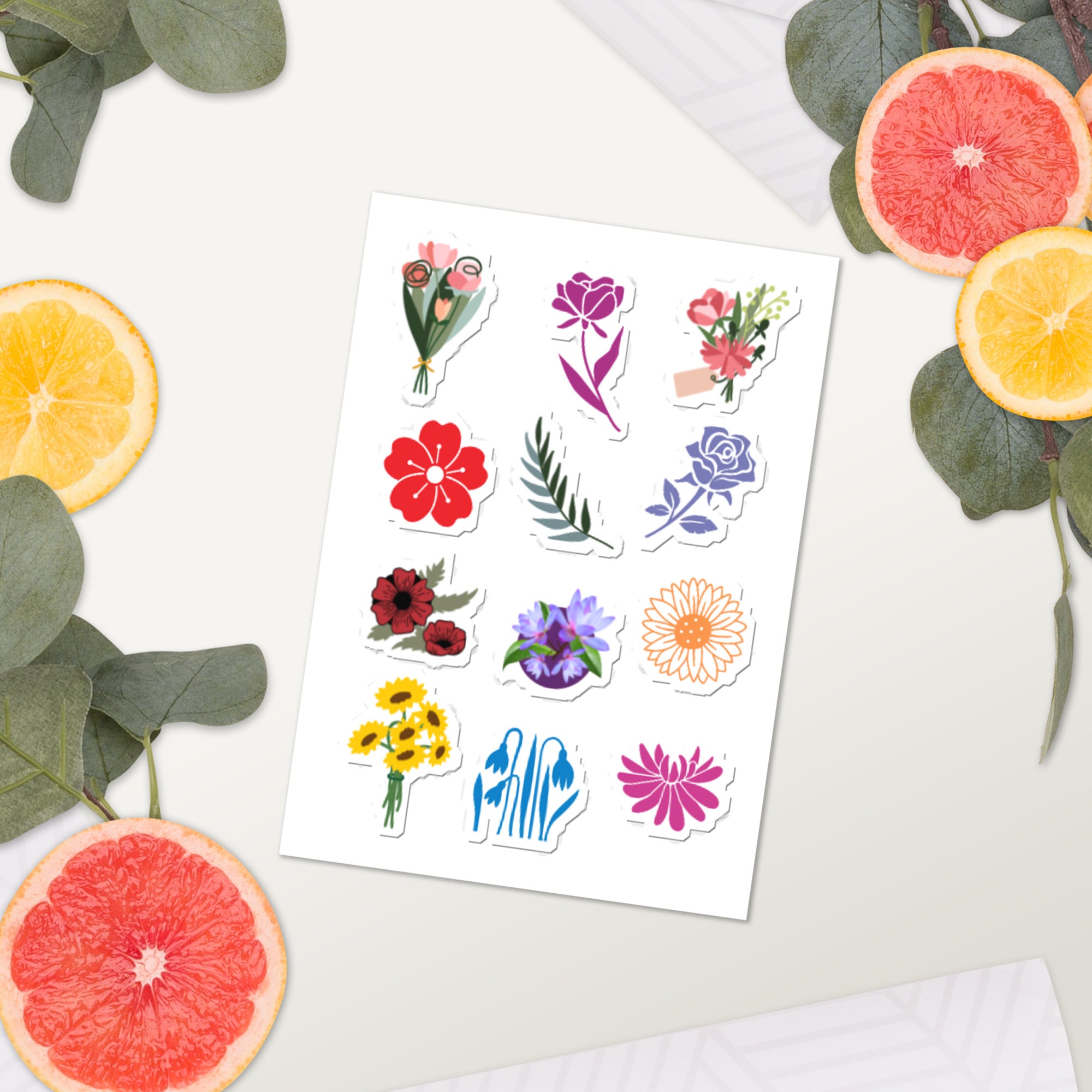 Gorgeous Designer Floral Style Sticker Sheet, 12 Stickers, 5.83 in × 8.27 in