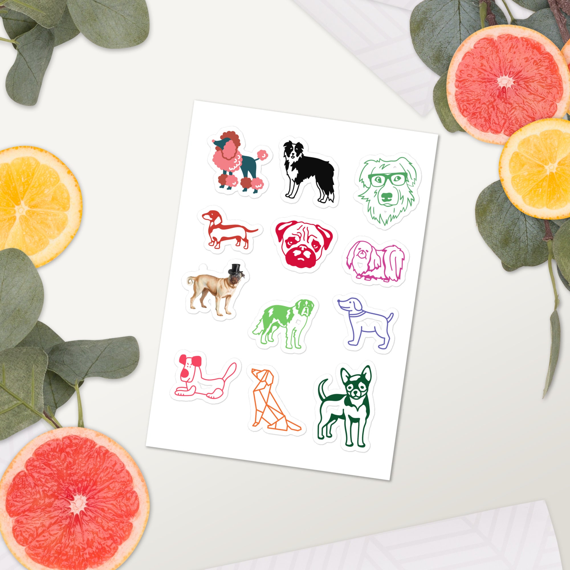 Adorable Doggies Designer Decorative Sticker Sheet, 12 Stickers, 5.83 in × 8.2 in