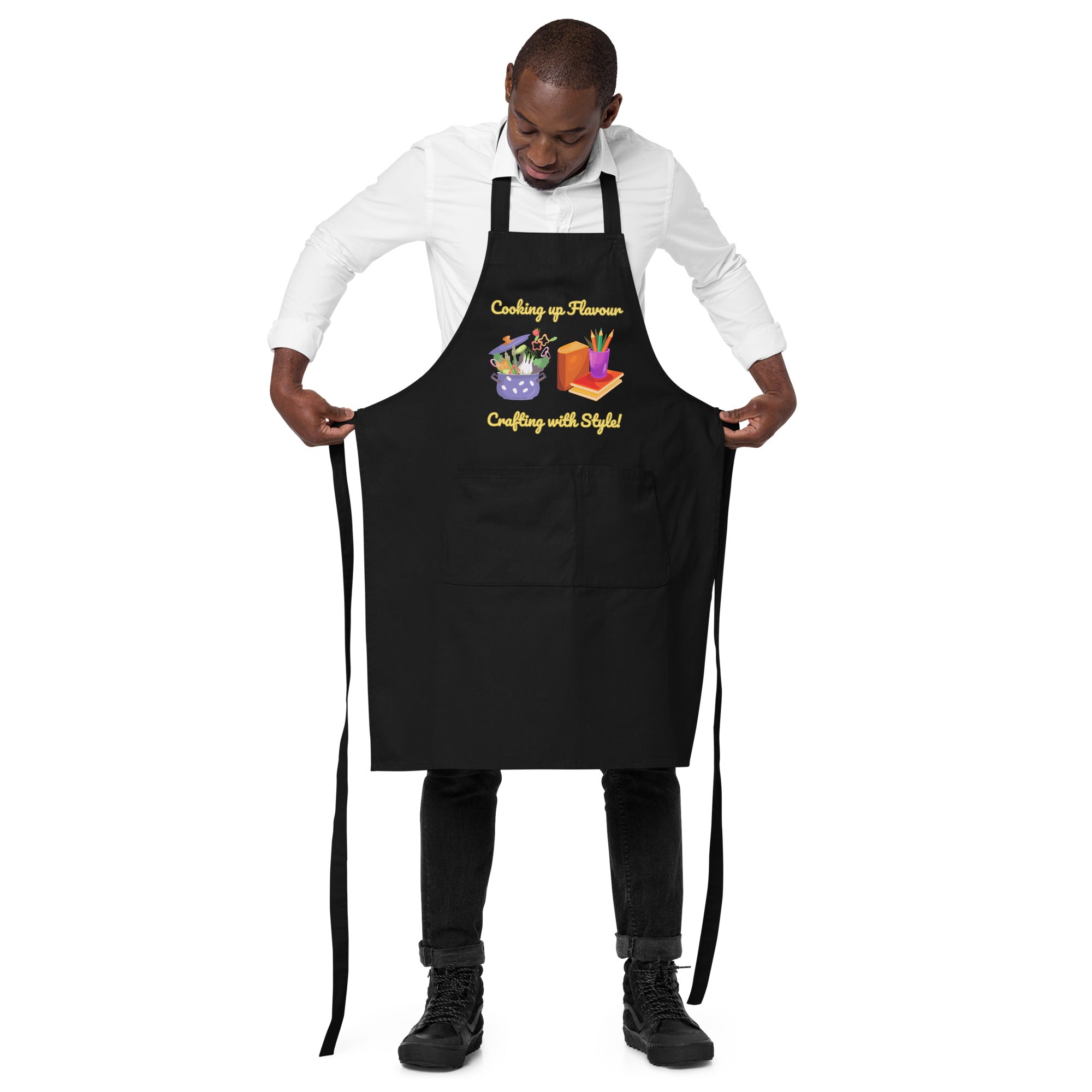 Uniquely Designed for "Craft World" Fun Organic Cotton Apron "Cooking up Flavour, Crafting, with Style", Various Colours, Unisex, One size