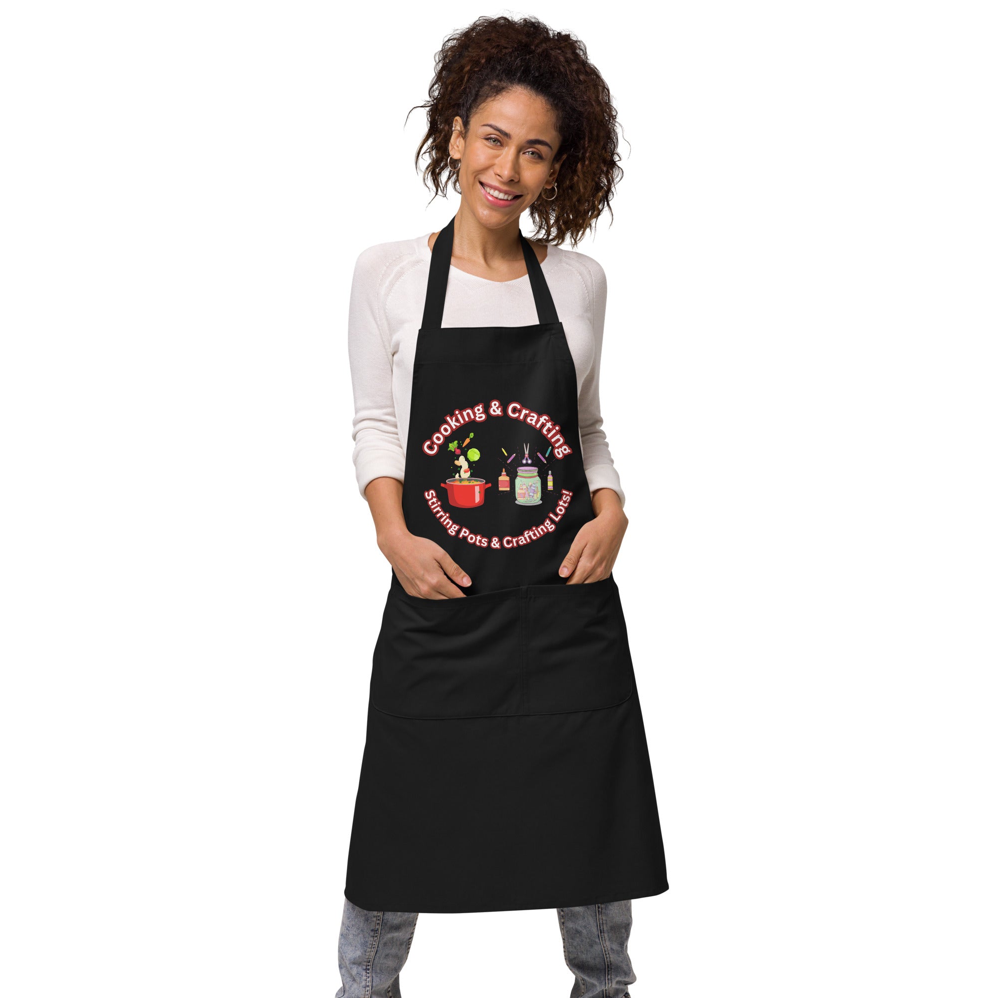 Uniquely Designed for "Craft World" Fun Organic Cotton Apron "Cooking & Crafting, Stirring Pots & Crafting Lots", Various Colours, Unisex, One size