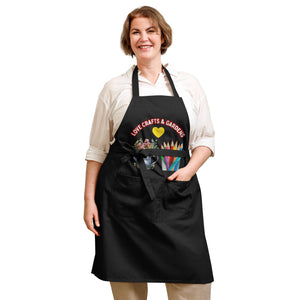 Uniquely Designed for "Craft World" Fun Organic Cotton Apron "Love Crafts & Gardens", Various Colours, One size