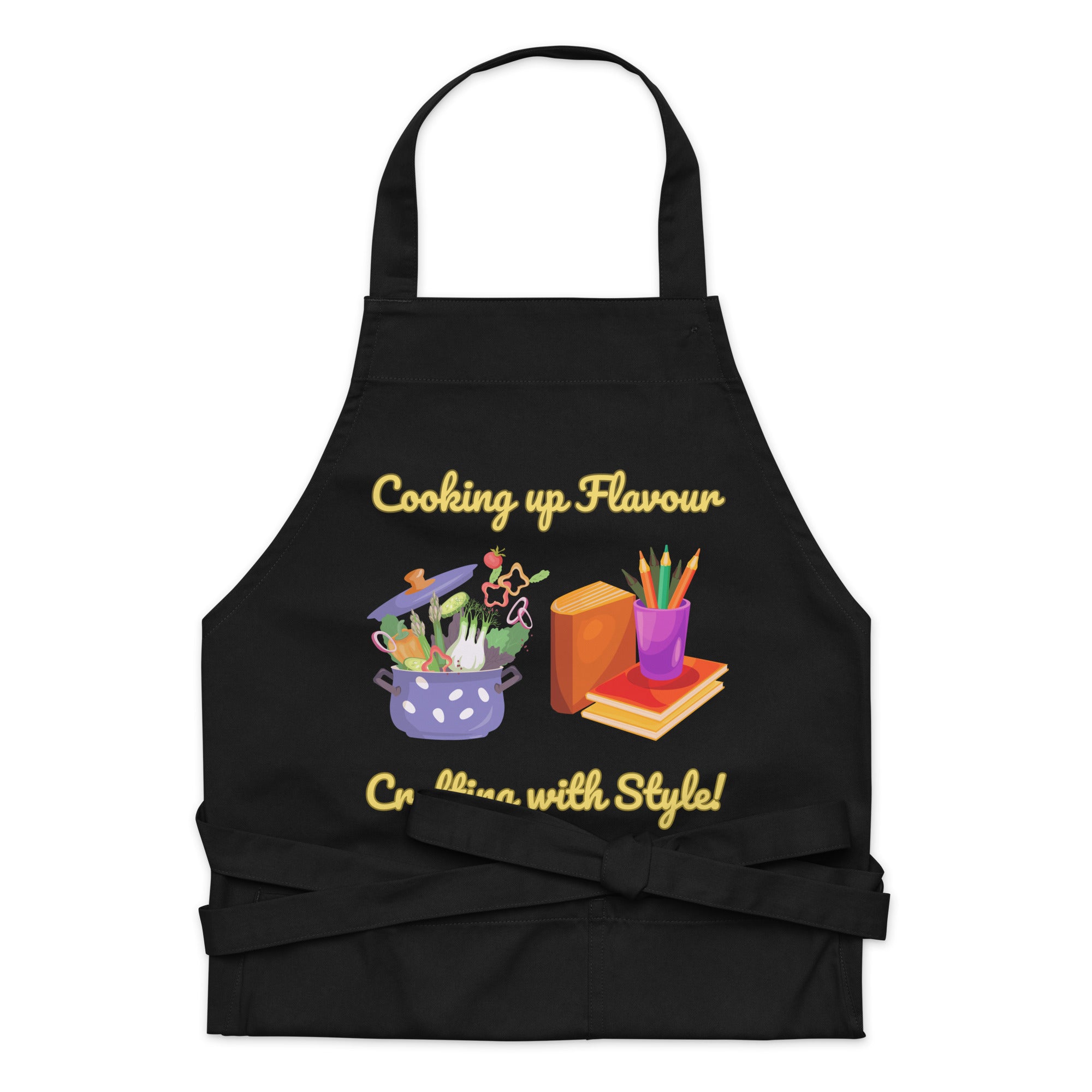 Uniquely Designed for "Craft World" Fun Organic Cotton Apron "Cooking up Flavour, Crafting, with Style", Various Colours, Unisex, One size