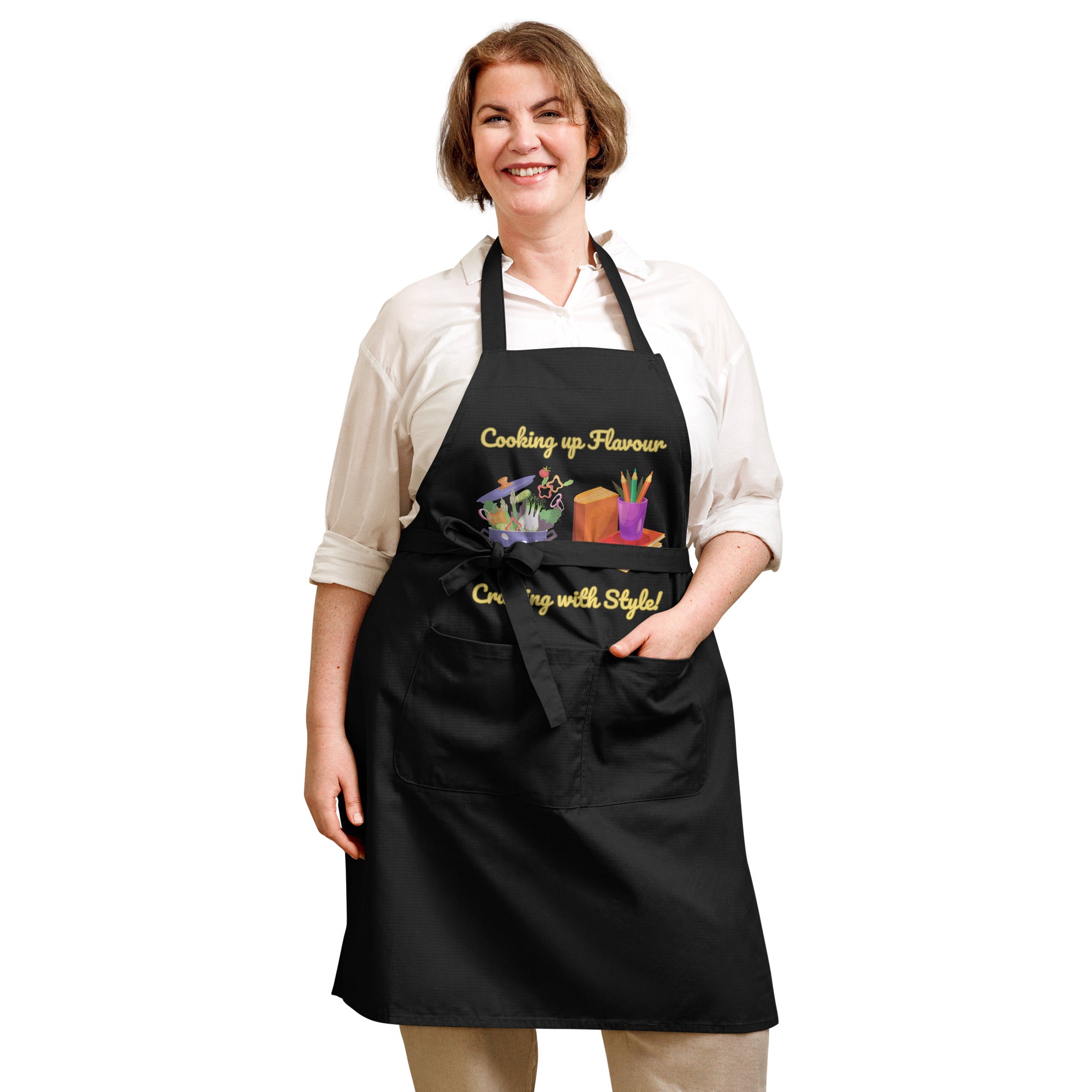 Uniquely Designed for "Craft World" Fun Organic Cotton Apron "Cooking up Flavour, Crafting, with Style", Various Colours, Unisex, One size