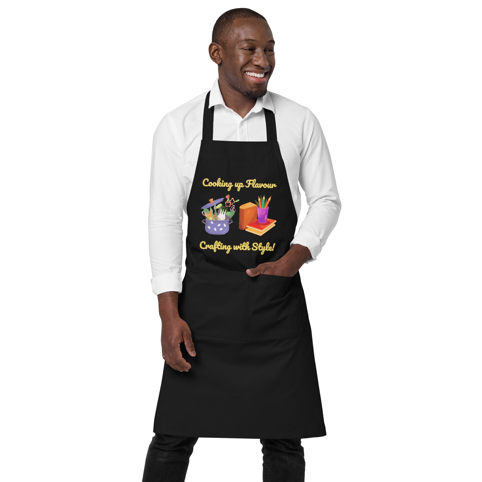 Uniquely Designed for "Craft World" Fun Organic Cotton Apron "Cooking up Flavour, Crafting, with Style", Various Colours, Unisex, One size