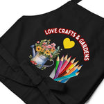 Uniquely Designed for "Craft World" Fun Organic Cotton Apron "Love Crafts & Gardens", Various Colours, One size