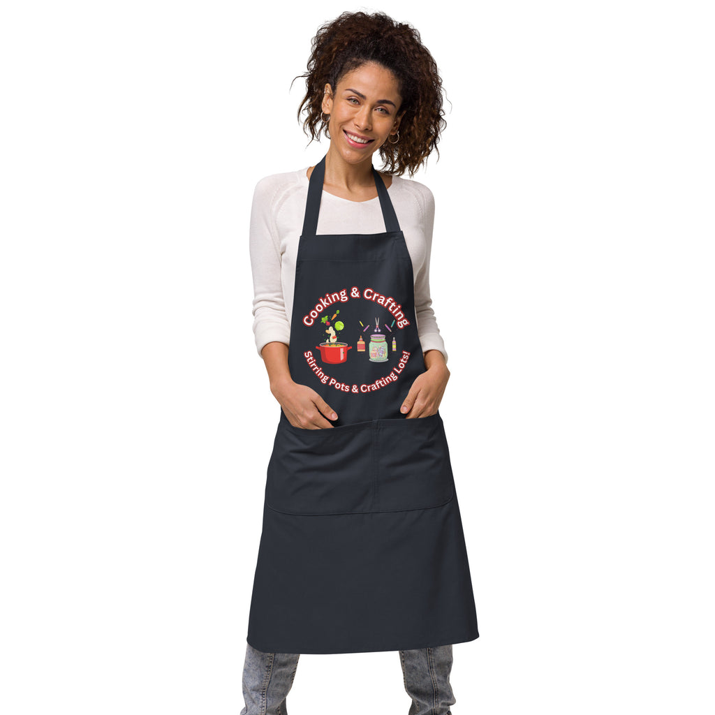 Uniquely Designed for "Craft World" Fun Organic Cotton Apron "Cooking & Crafting, Stirring Pots & Crafting Lots", Various Colours, One size