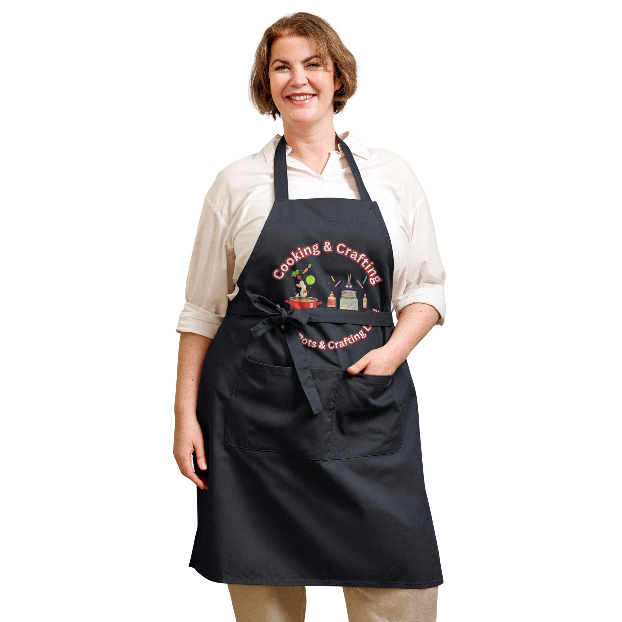 Uniquely Designed for "Craft World" Fun Organic Cotton Apron "Cooking & Crafting, Stirring Pots & Crafting Lots", Various Colours, Unisex, One size