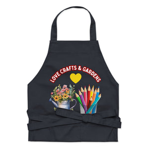 Uniquely Designed for "Craft World" Fun Organic Cotton Apron "Love Crafts & Gardens", Various Colours, One size