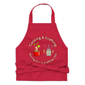 Uniquely Designed for "Craft World" Fun Organic Cotton Apron "Cooking & Crafting, Stirring Pots & Crafting Lots", Various Colours, Unisex, One size