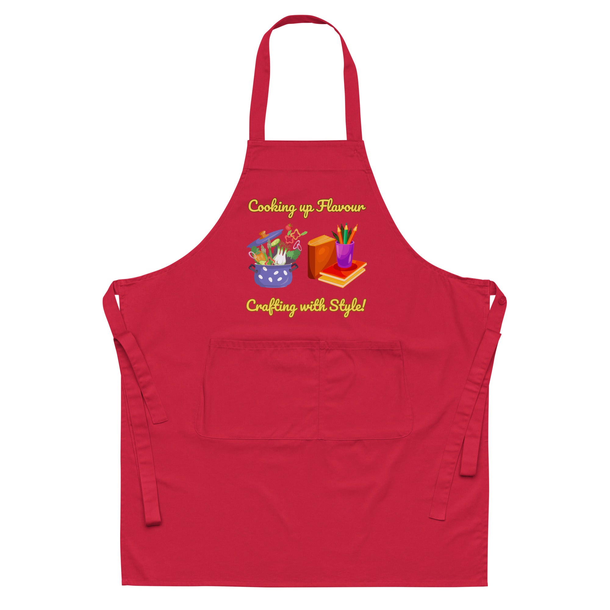 Uniquely Designed for "Craft World" Fun Organic Cotton Apron "Cooking up Flavour, Crafting, with Style", Various Colours, Unisex, One size