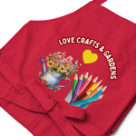 Uniquely Designed for "Craft World" Fun Organic Cotton Apron "Love Crafts & Gardens", Various Colours, One size