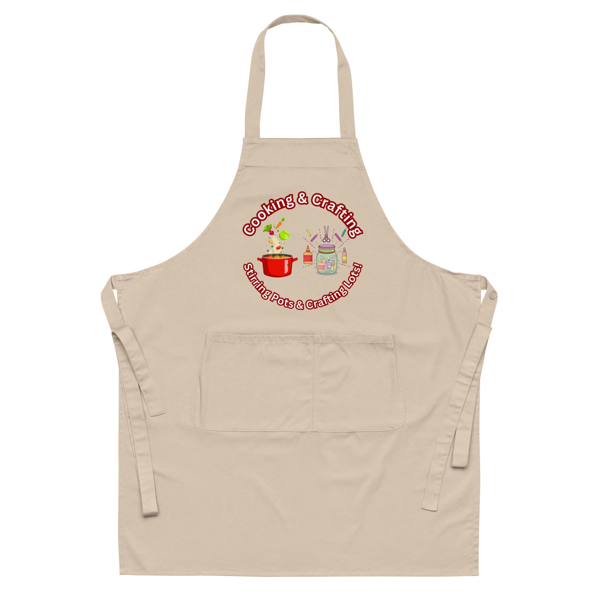 Uniquely Designed for "Craft World" Fun Organic Cotton Apron "Cooking & Crafting, Stirring Pots & Crafting Lots", Various Colours, Unisex, One size