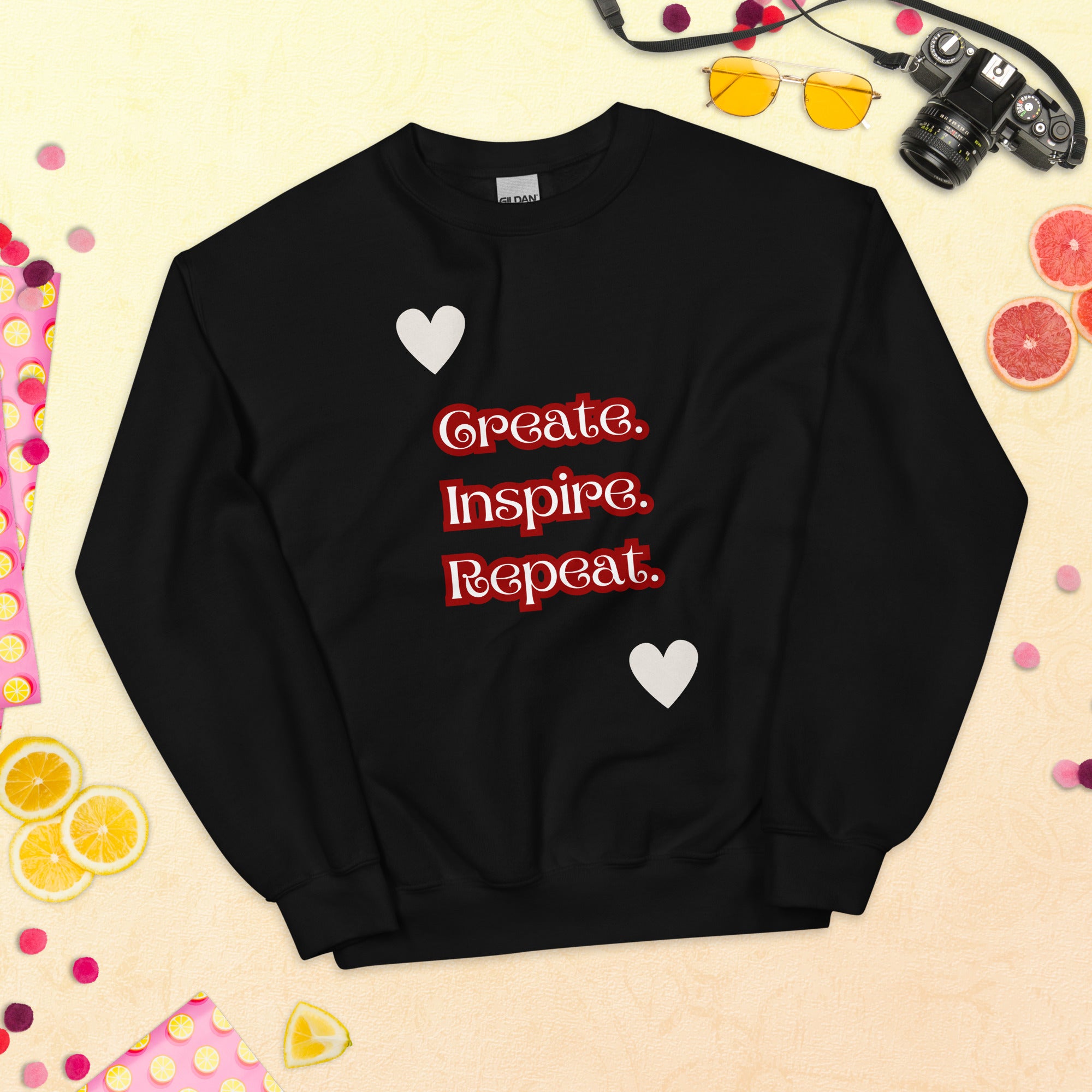 Cosy Uniquely Designed "Create, Inspire, Repeat"  Unisex Sweatshirt, Various Colours and Sizes (Size Guide Included)