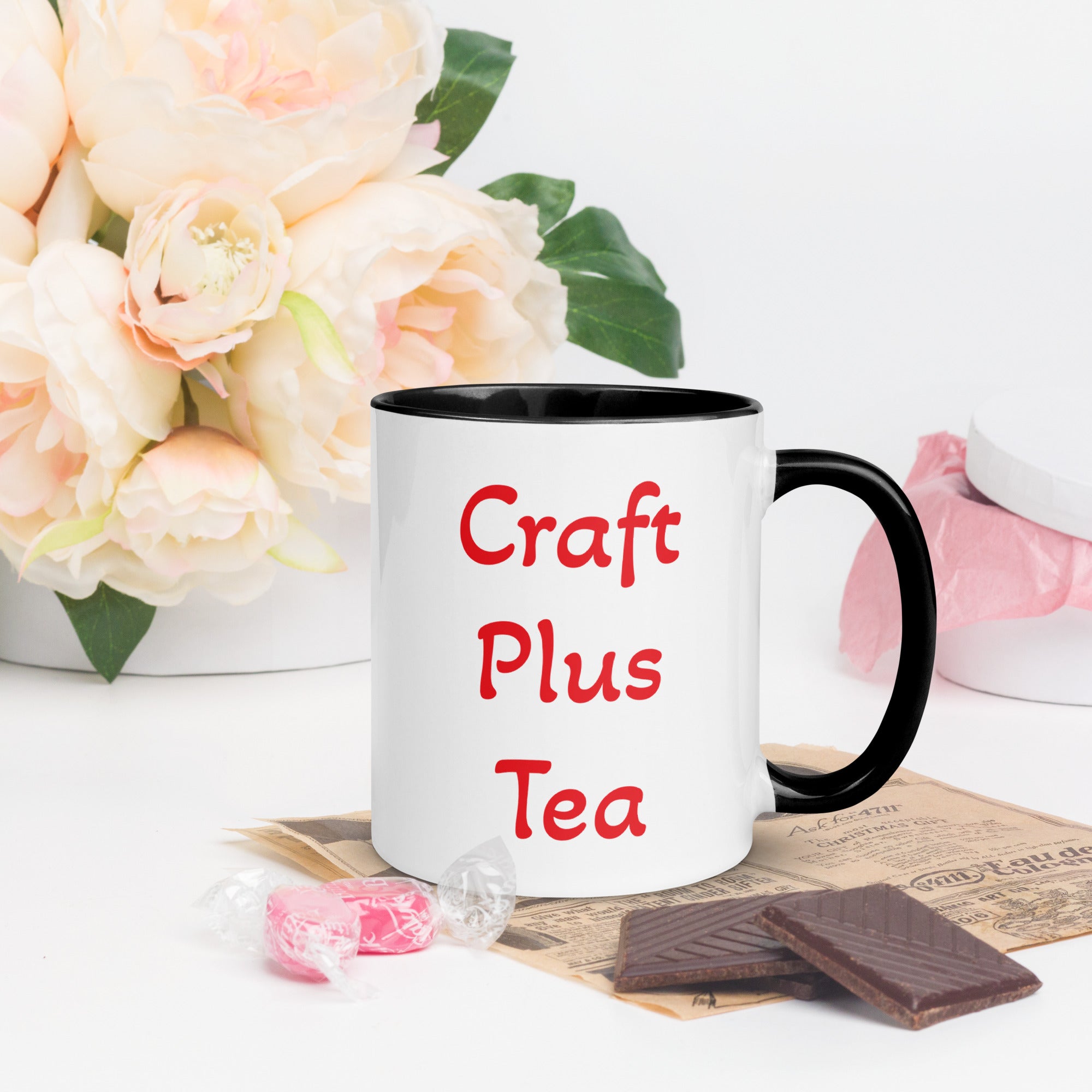 Uniquely Designed Exclusively For Craft World "Craft Plus Tea" White Ceramic Mug (Various Colours of Rim, Handle and Inside)