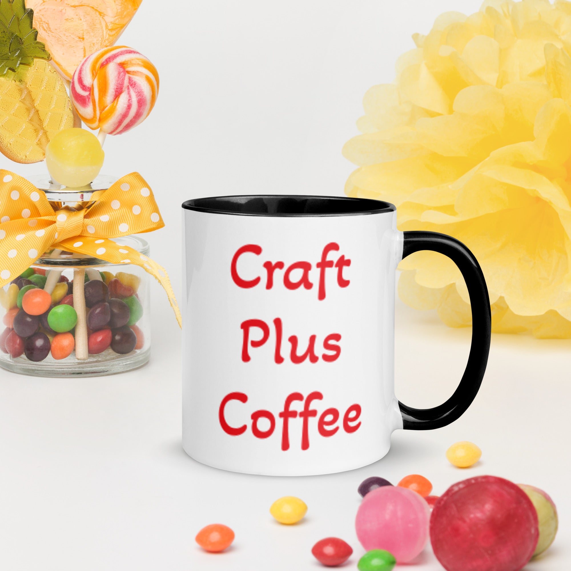 Uniquely Designed Exclusively For Craft World "Craft Plus Coffee" White Ceramic Mug (Various Colours of Rim, Handle and Inside)