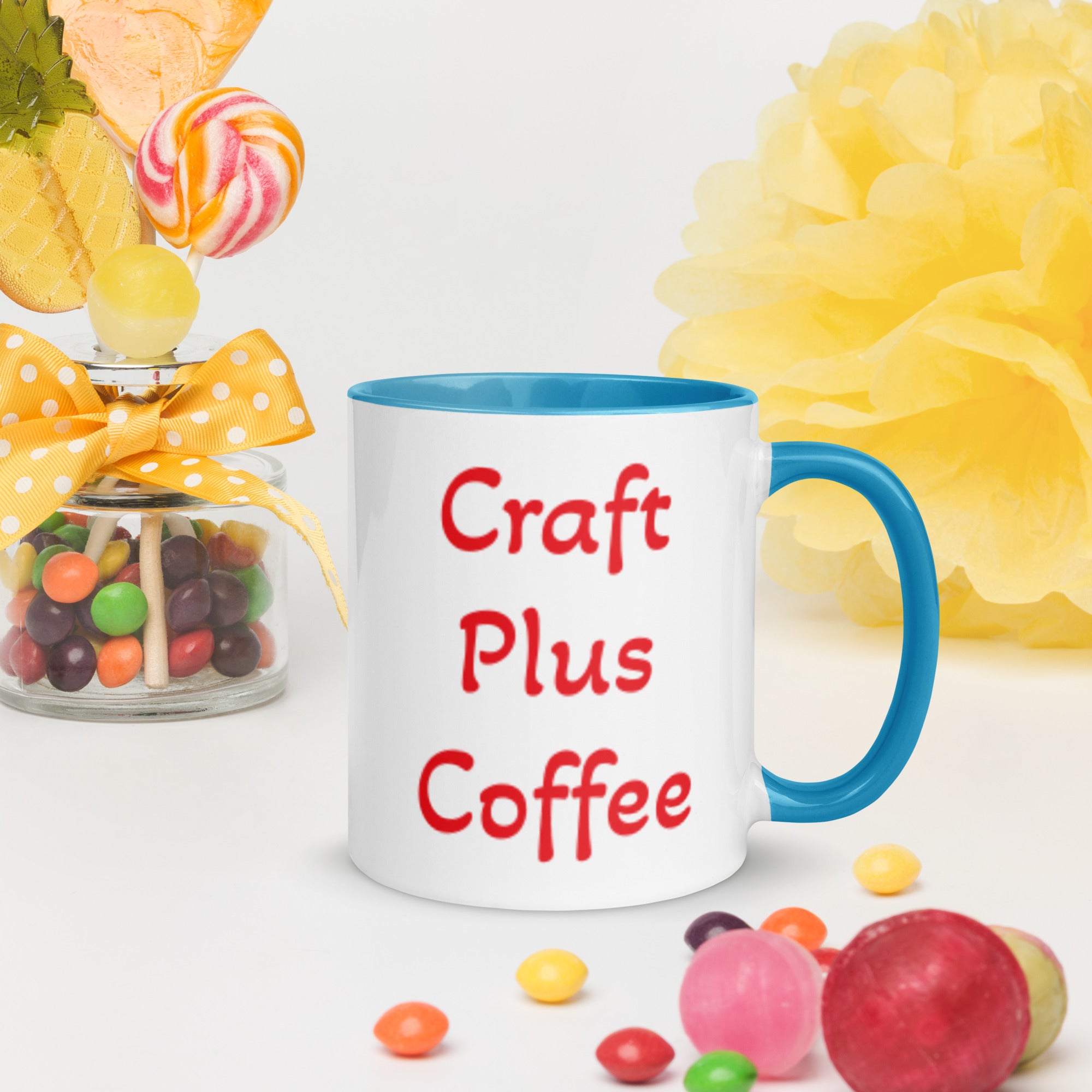 Uniquely Designed Exclusively For Craft World "Craft Plus Coffee" White Ceramic Mug (Various Colours of Rim, Handle and Inside)