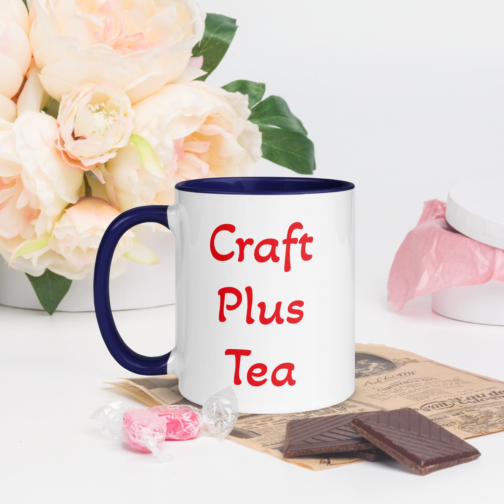 Uniquely Designed Exclusively For Craft World "Craft Plus Tea" White Ceramic Mug (Various Colours of Rim, Handle and Inside)