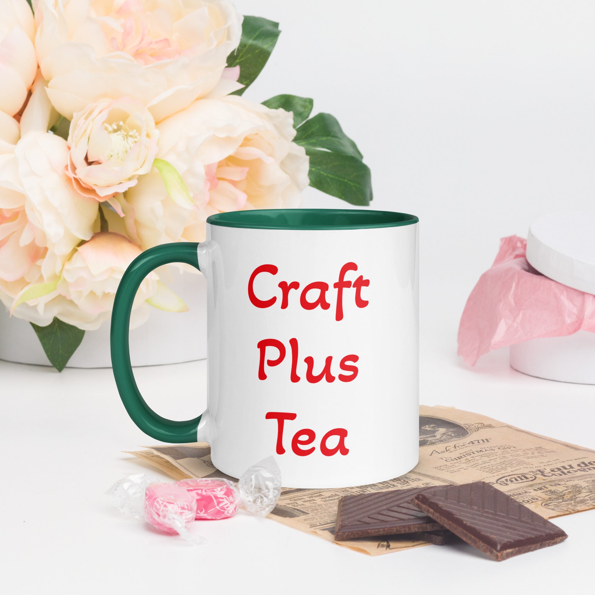 Uniquely Designed Exclusively For Craft World "Craft Plus Tea" White Ceramic Mug (Various Colours of Rim, Handle and Inside)