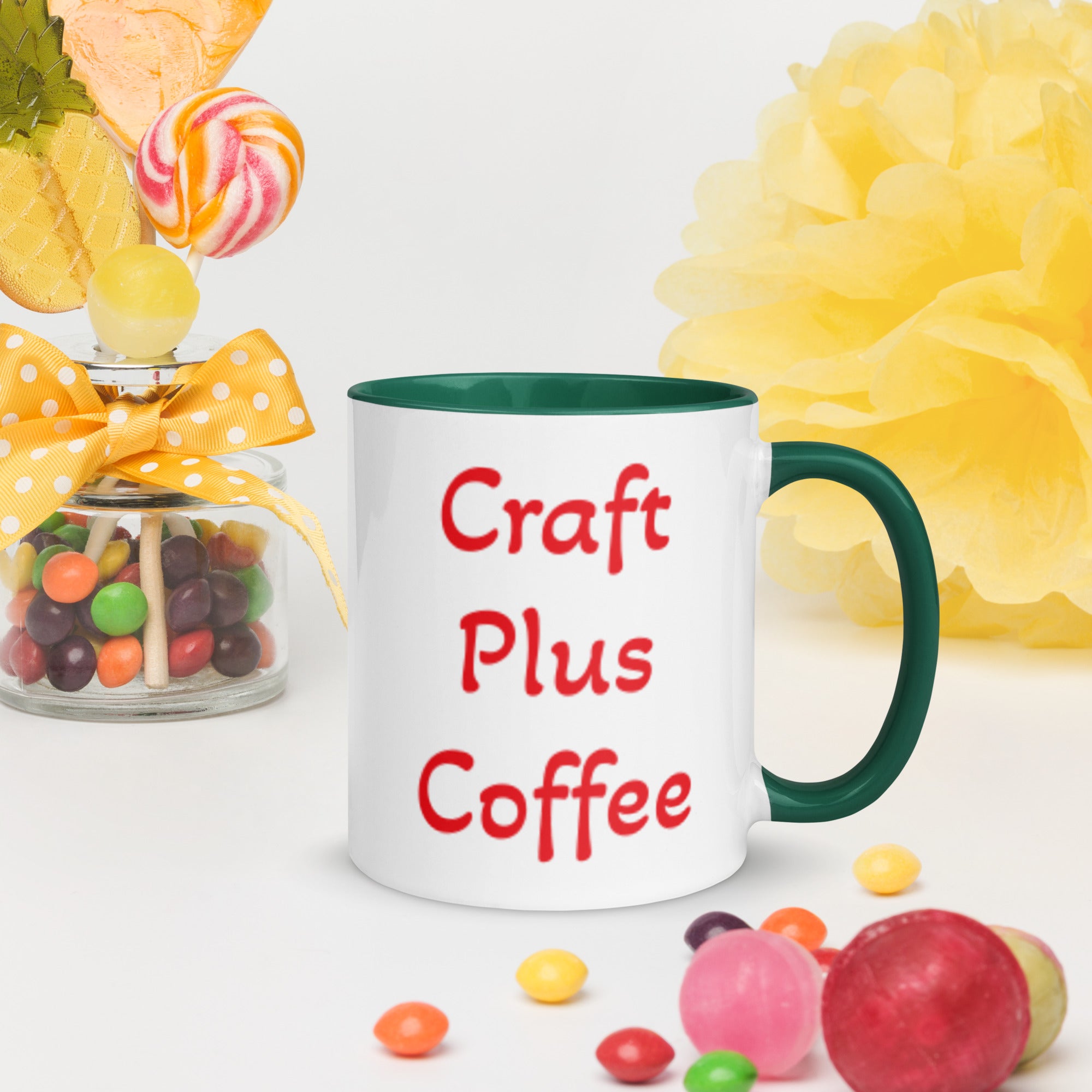 Uniquely Designed Exclusively For Craft World "Craft Plus Coffee" White Ceramic Mug (Various Colours of Rim, Handle and Inside)