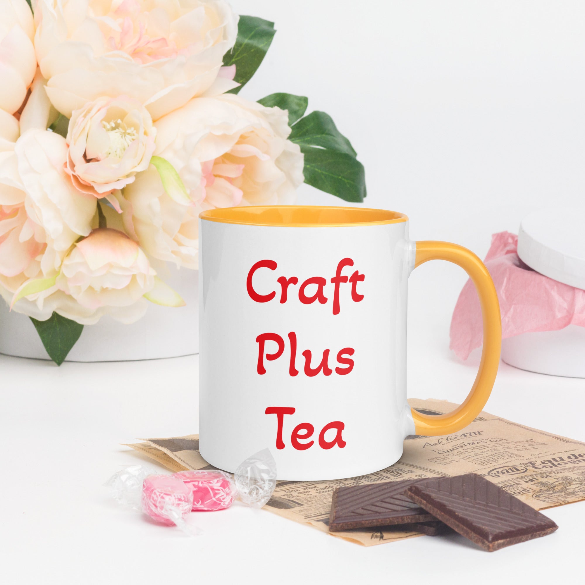 Uniquely Designed Exclusively For Craft World "Craft Plus Tea" White Ceramic Mug (Various Colours of Rim, Handle and Inside)