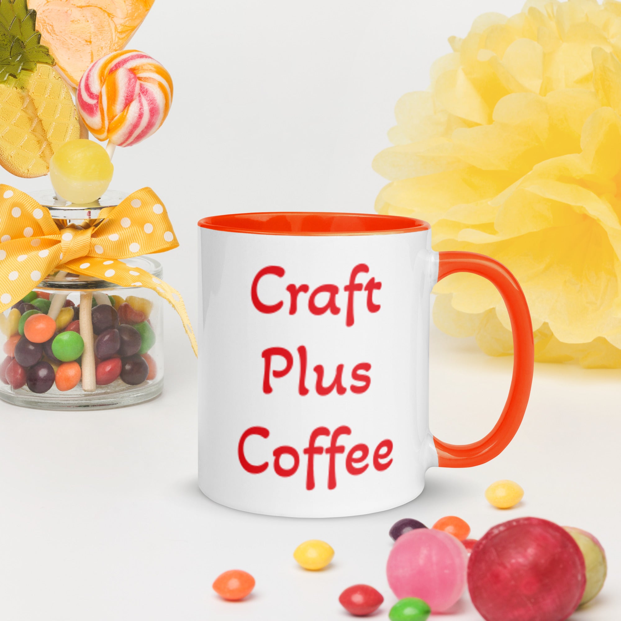 Uniquely Designed Exclusively For Craft World "Craft Plus Coffee" White Ceramic Mug (Various Colours of Rim, Handle and Inside)