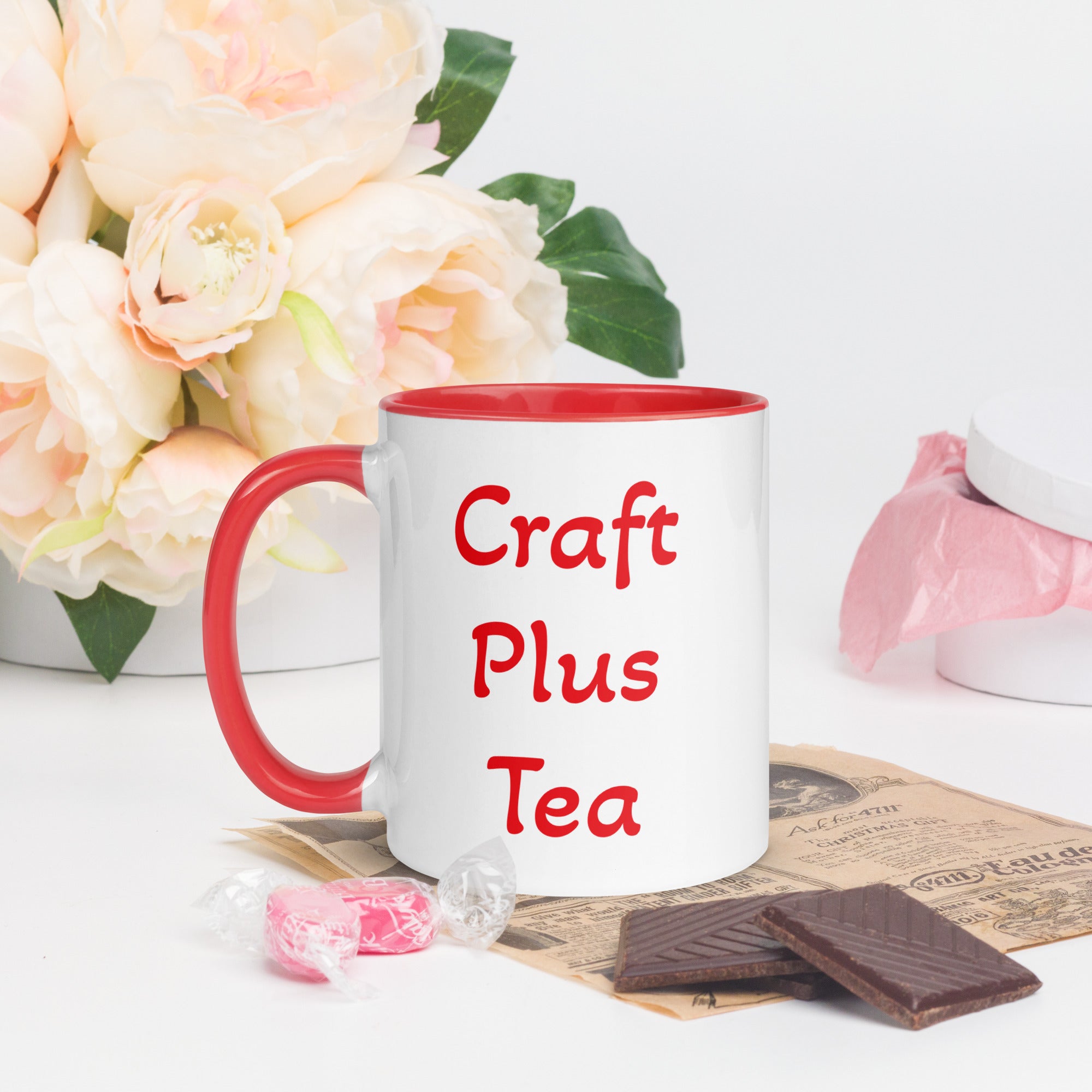 Uniquely Designed Exclusively For Craft World "Craft Plus Tea" White Ceramic Mug (Various Colours of Rim, Handle and Inside)