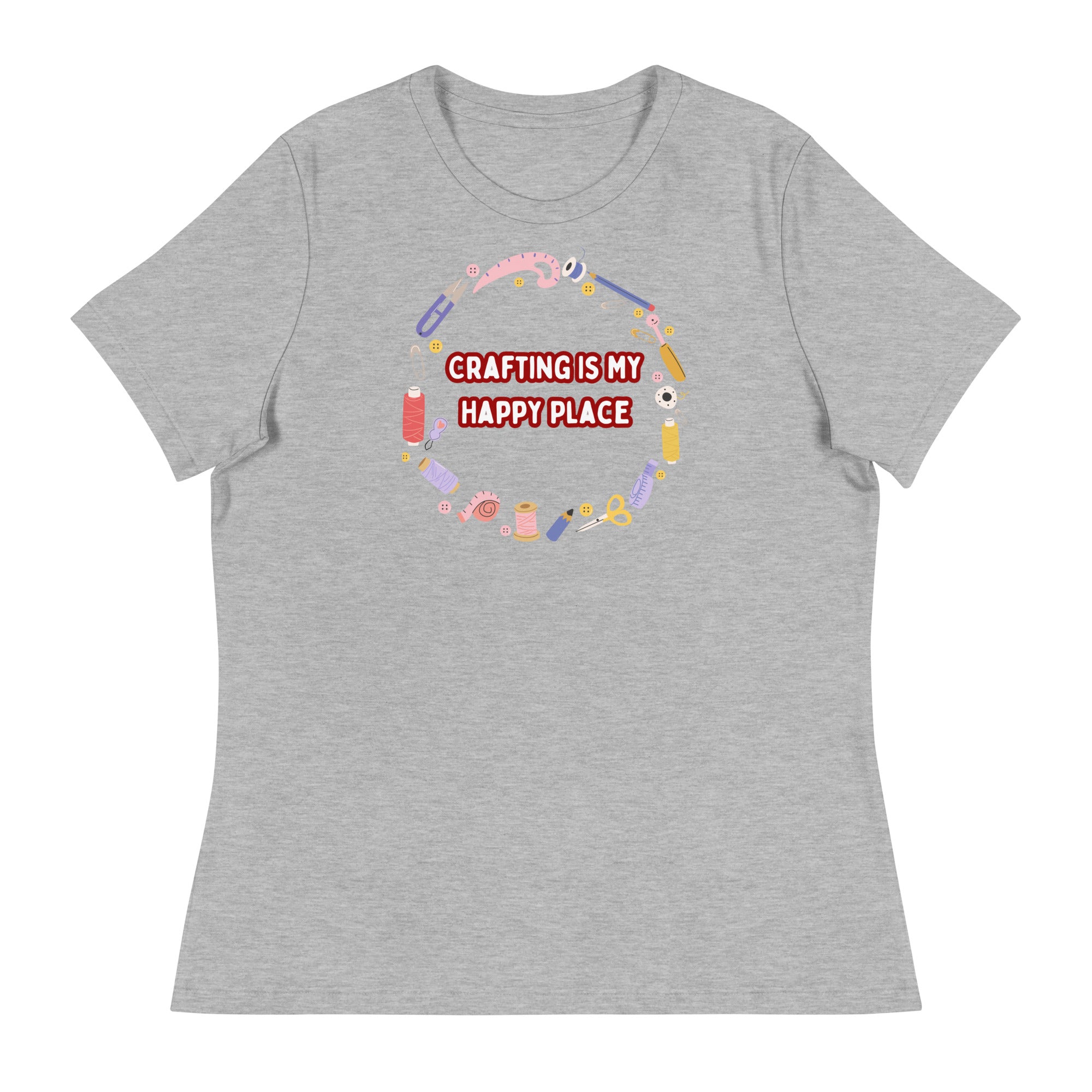 Unique Design Especially For "Craft World", Ladies "Crafting Is My Happy Place" Relaxed Fit Cotton T-Shirts, Various Colours/Sizes (size guide included)