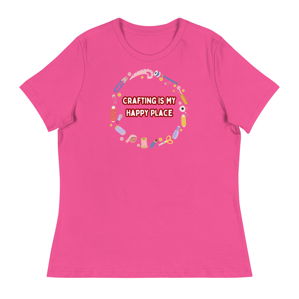 Unique Design Especially For "Craft World", Ladies "Crafting Is My Happy Place" Relaxed Fit Cotton T-Shirts, Various Colours/Sizes (size guide included)