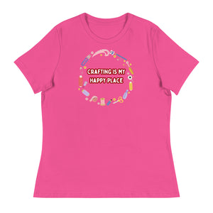 Unique Design Especially For "Craft World", Ladies "Crafting Is My Happy Place" Relaxed Fit Cotton T-Shirts, Various Colours/Sizes (size guide included)