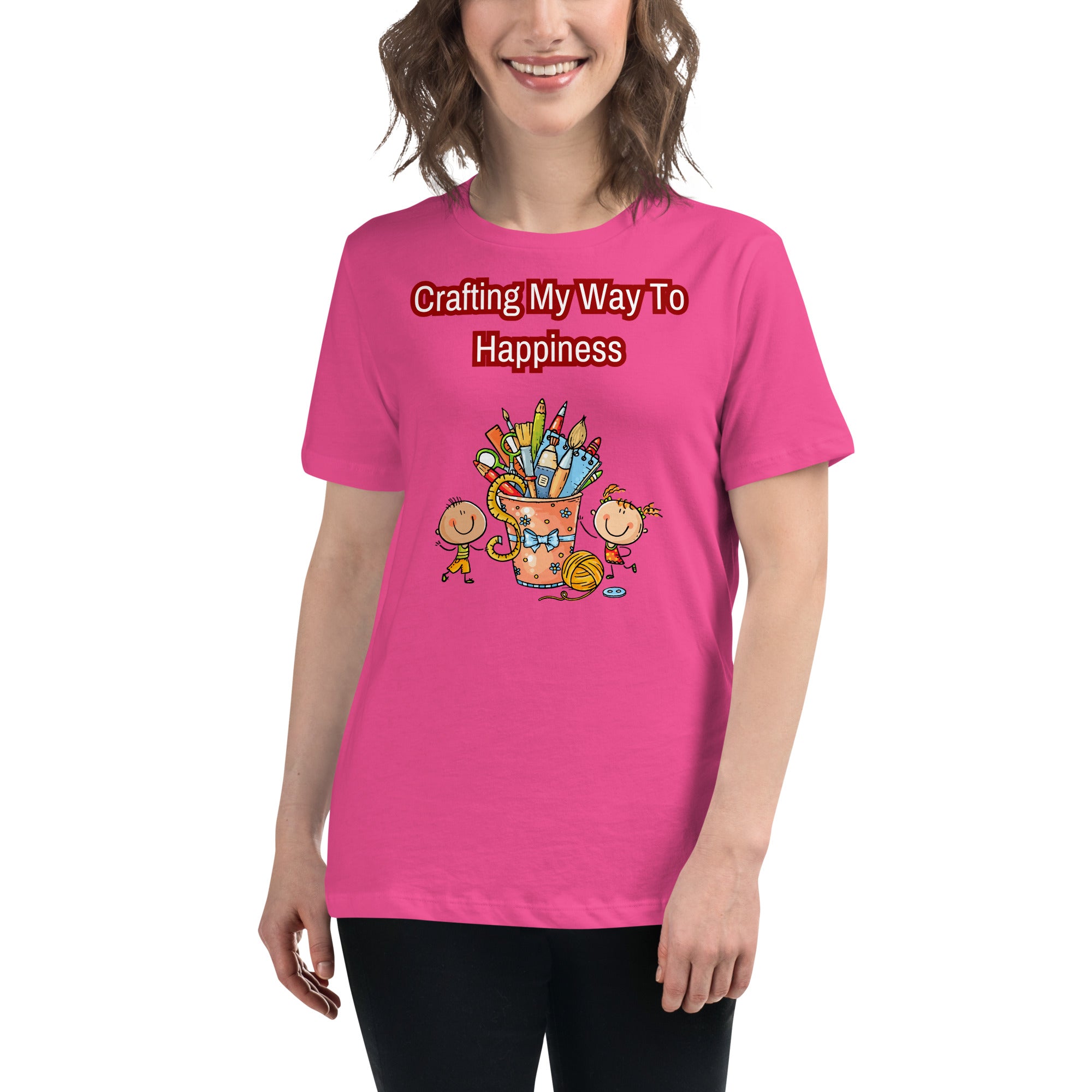 Unique Design Exclusively For "Craft World", Ladies "Crafting My Way to Happiness" Relaxed Fit Cotton T-Shirts, Various Colours/Sizes (size guide included)