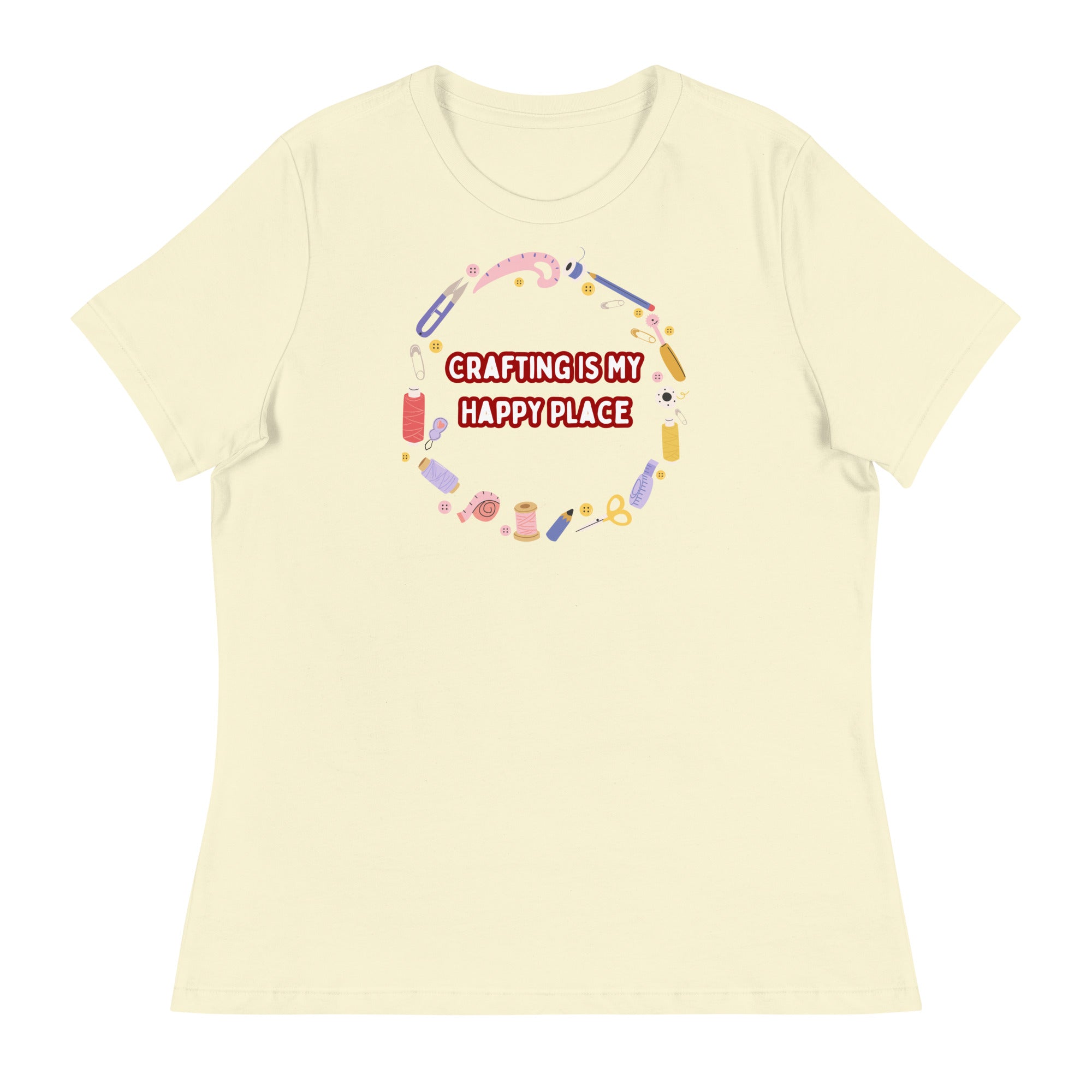 Unique Design Especially For "Craft World", Ladies "Crafting Is My Happy Place" Relaxed Fit Cotton T-Shirts, Various Colours/Sizes (size guide included)