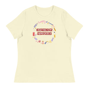 Unique Design Especially For "Craft World", Ladies "Crafting Is My Happy Place" Relaxed Fit Cotton T-Shirts, Various Colours/Sizes (size guide included)