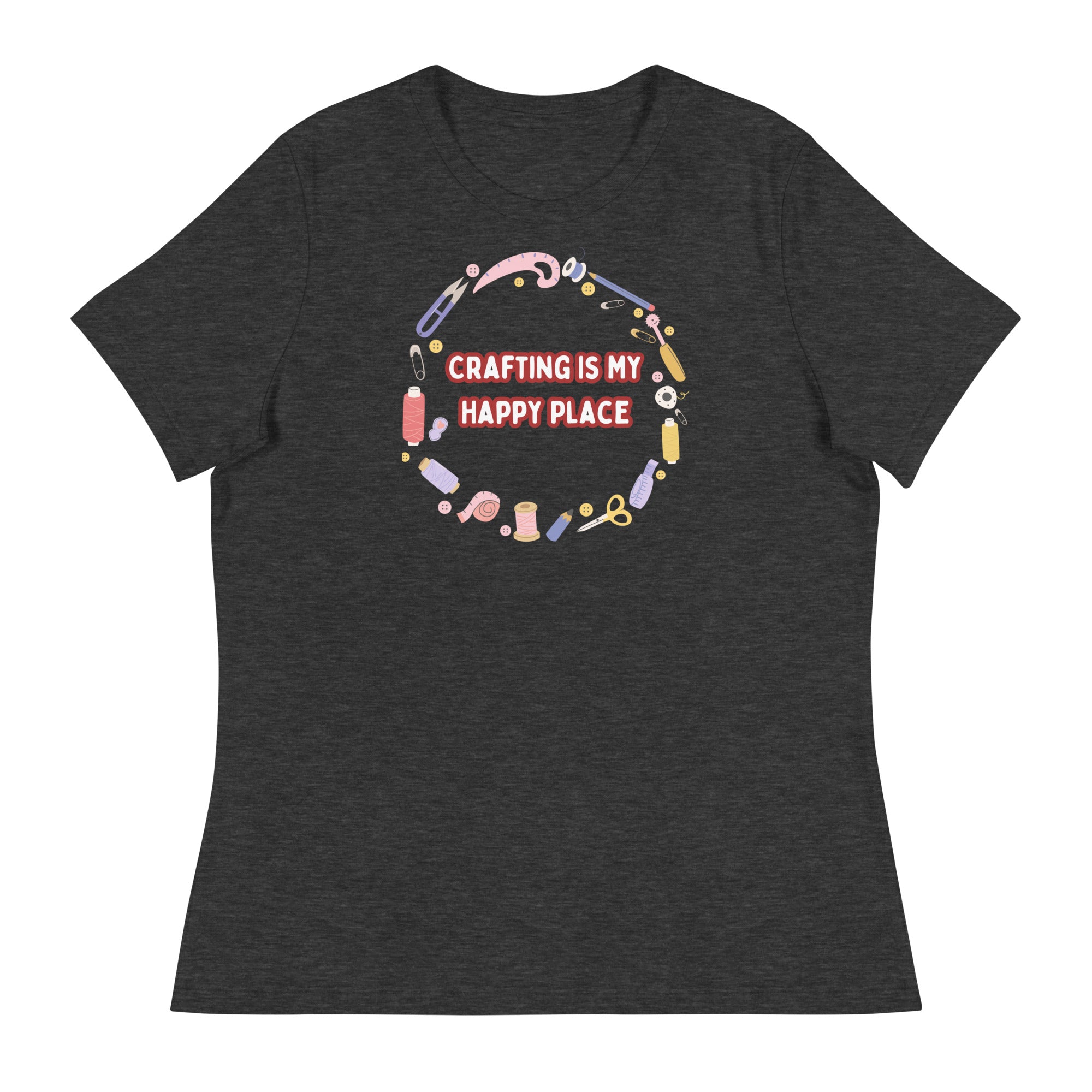 Unique Design Especially For "Craft World", Ladies "Crafting Is My Happy Place" Relaxed Fit Cotton T-Shirts, Various Colours/Sizes (size guide included)