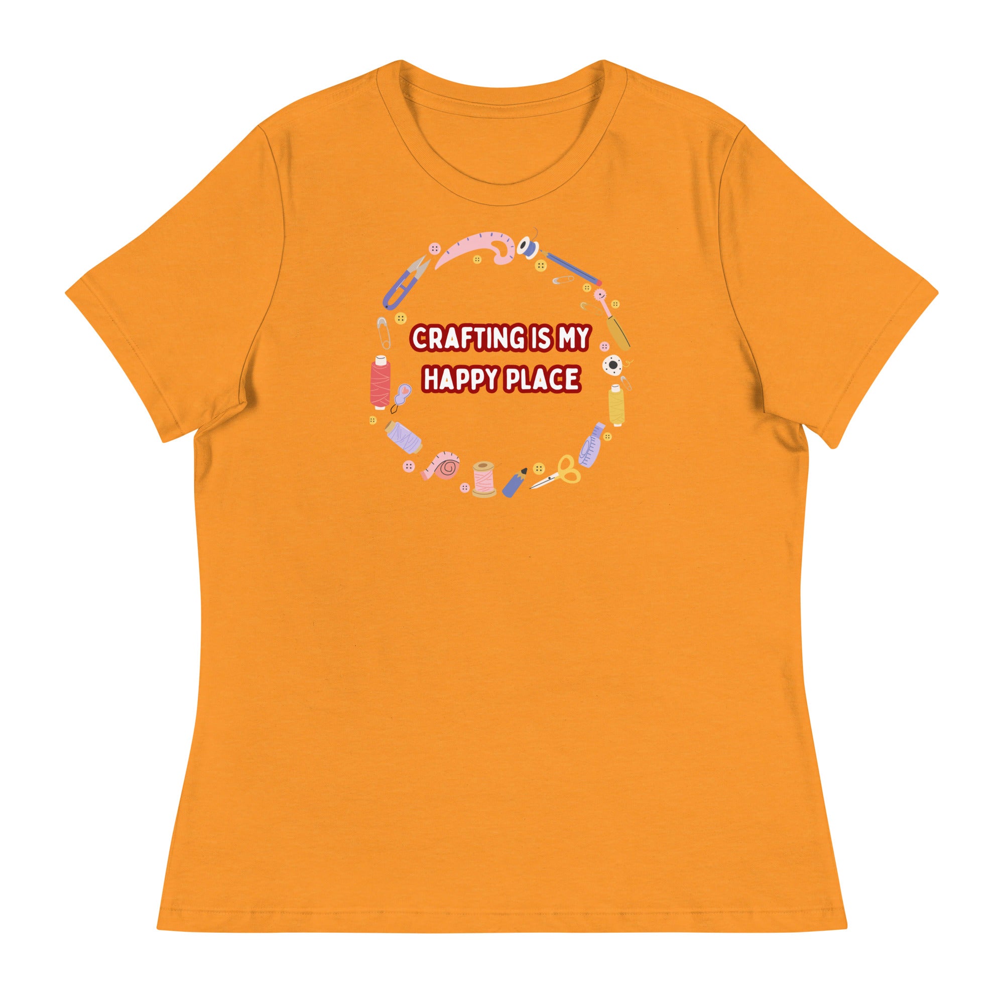 Unique Design Especially For "Craft World", Ladies "Crafting Is My Happy Place" Relaxed Fit Cotton T-Shirts, Various Colours/Sizes (size guide included)