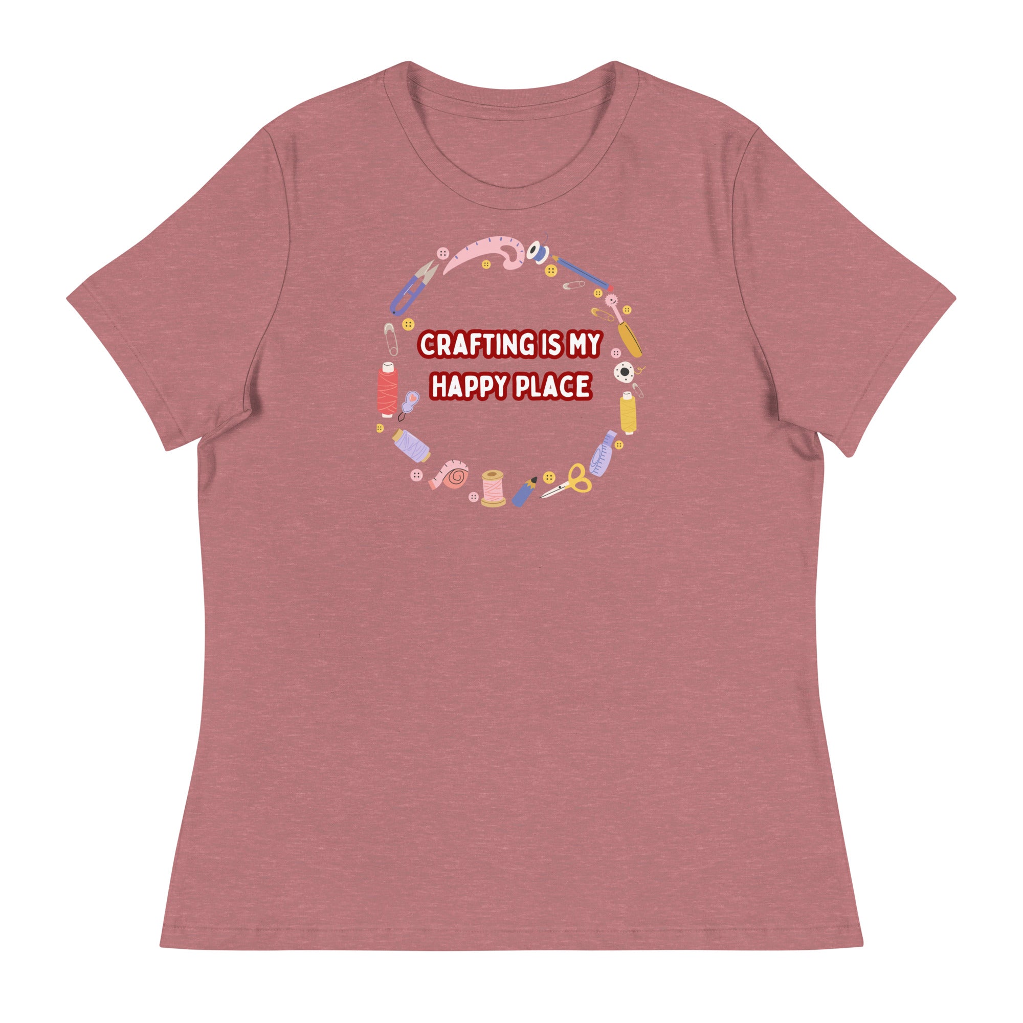 Unique Design Especially For "Craft World", Ladies "Crafting Is My Happy Place" Relaxed Fit Cotton T-Shirts, Various Colours/Sizes (size guide included)