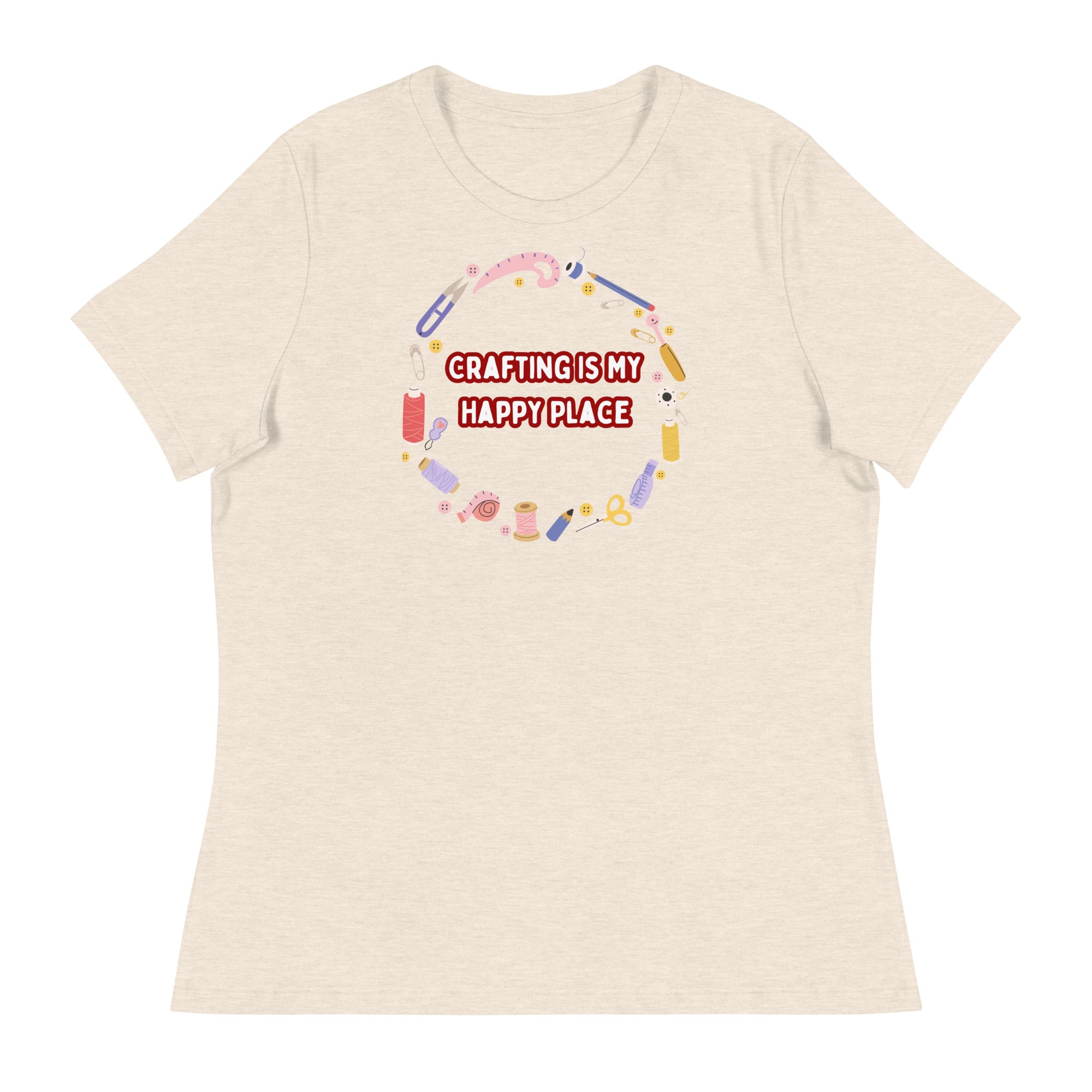 Unique Design Especially For "Craft World", Ladies "Crafting Is My Happy Place" Relaxed Fit Cotton T-Shirts, Various Colours/Sizes (size guide included)