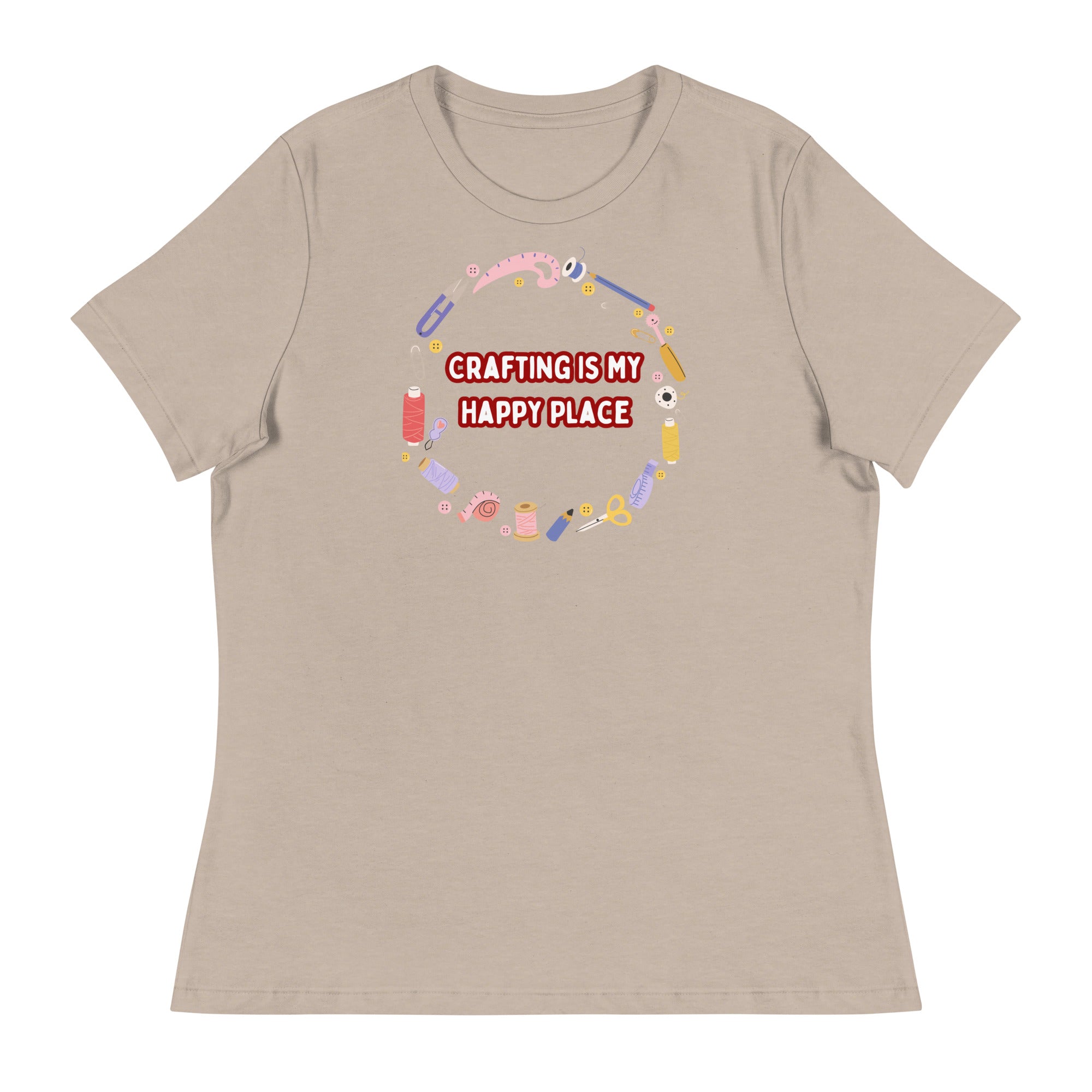 Unique Design Especially For "Craft World", Ladies "Crafting Is My Happy Place" Relaxed Fit Cotton T-Shirts, Various Colours/Sizes (size guide included)