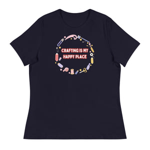 Unique Design Especially For "Craft World", Ladies "Crafting Is My Happy Place" Relaxed Fit Cotton T-Shirts, Various Colours/Sizes (size guide included)