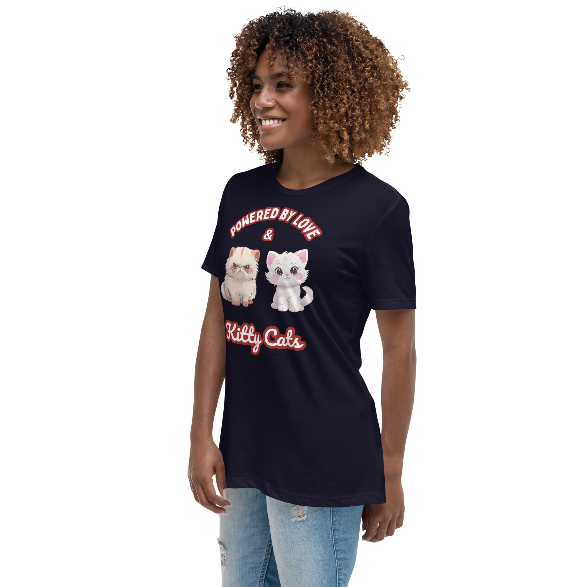 Unique Design Especially For "Craft World", "Powered by Love & Kitty Cats" Ladies  Relaxed Fit Cotton T-Shirts, Various Colours/Sizes (size guide included)