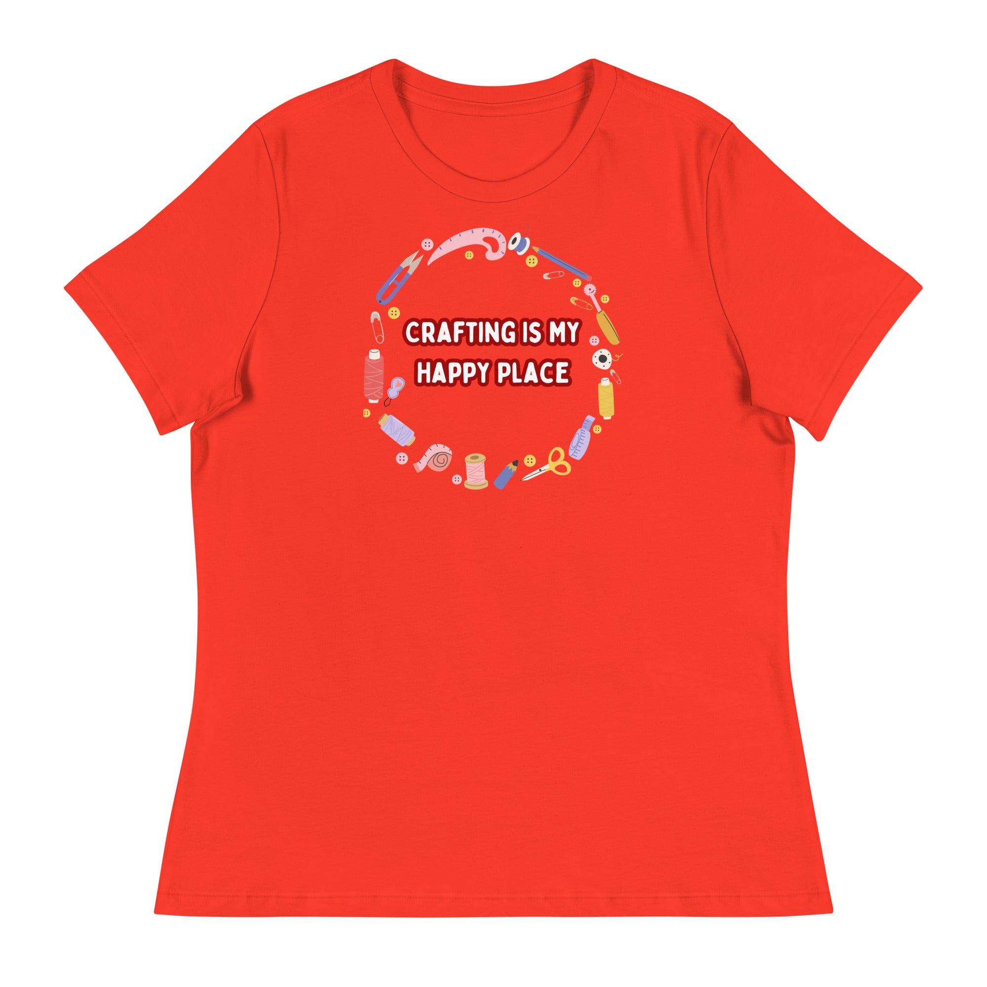 Unique Design Especially For "Craft World", Ladies "Crafting Is My Happy Place" Relaxed Fit Cotton T-Shirts, Various Colours/Sizes (size guide included)