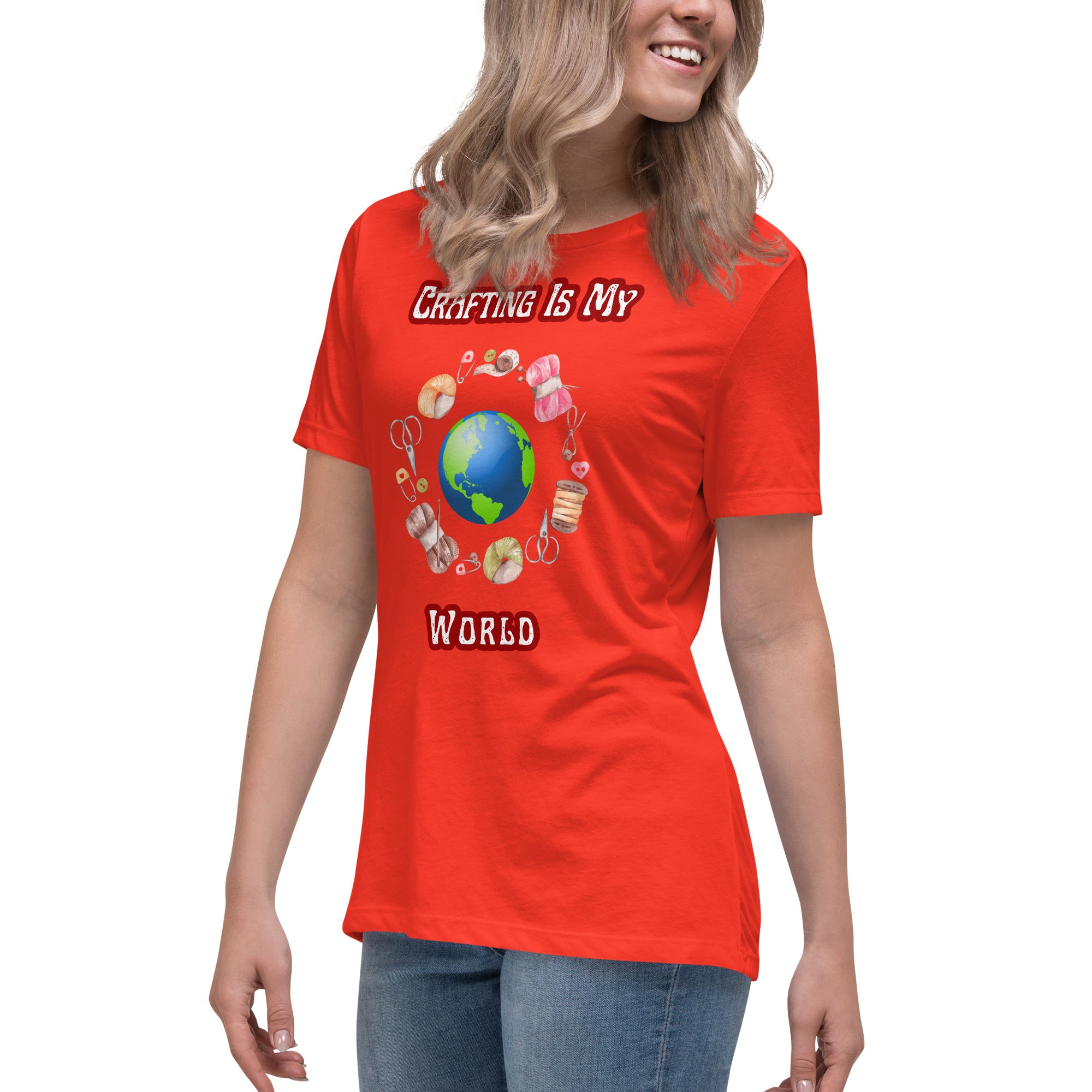 Unique Design Exclusively For "Craft World", Ladies "Crafting Is My World" Relaxed Fit Cotton T-Shirts, Various Colours/Sizes (size guide included)