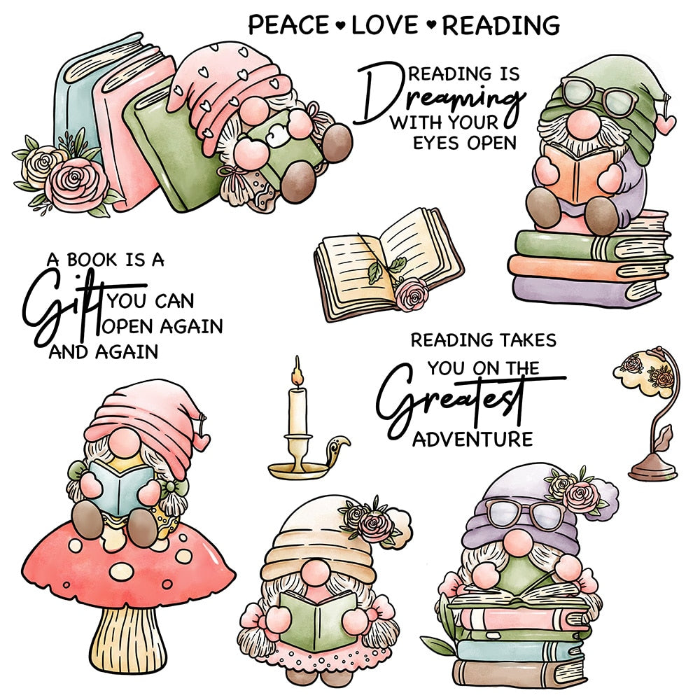 Gnomes Enjoy Reading Transparent Stamps, Stamp and Die Set (please order items separately)